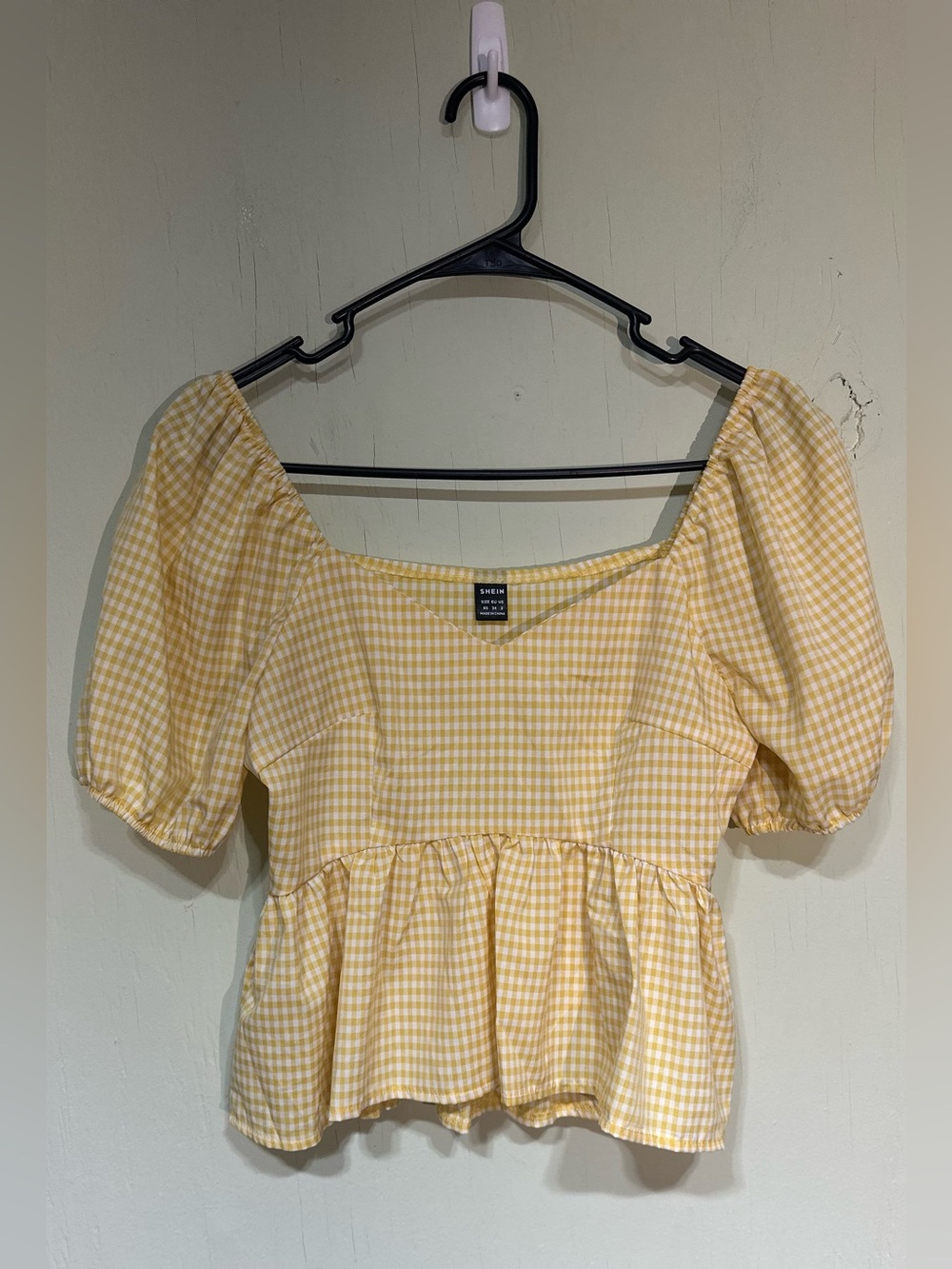 Shein yellow and white gingham babydoll peplum blouse women’s size xs